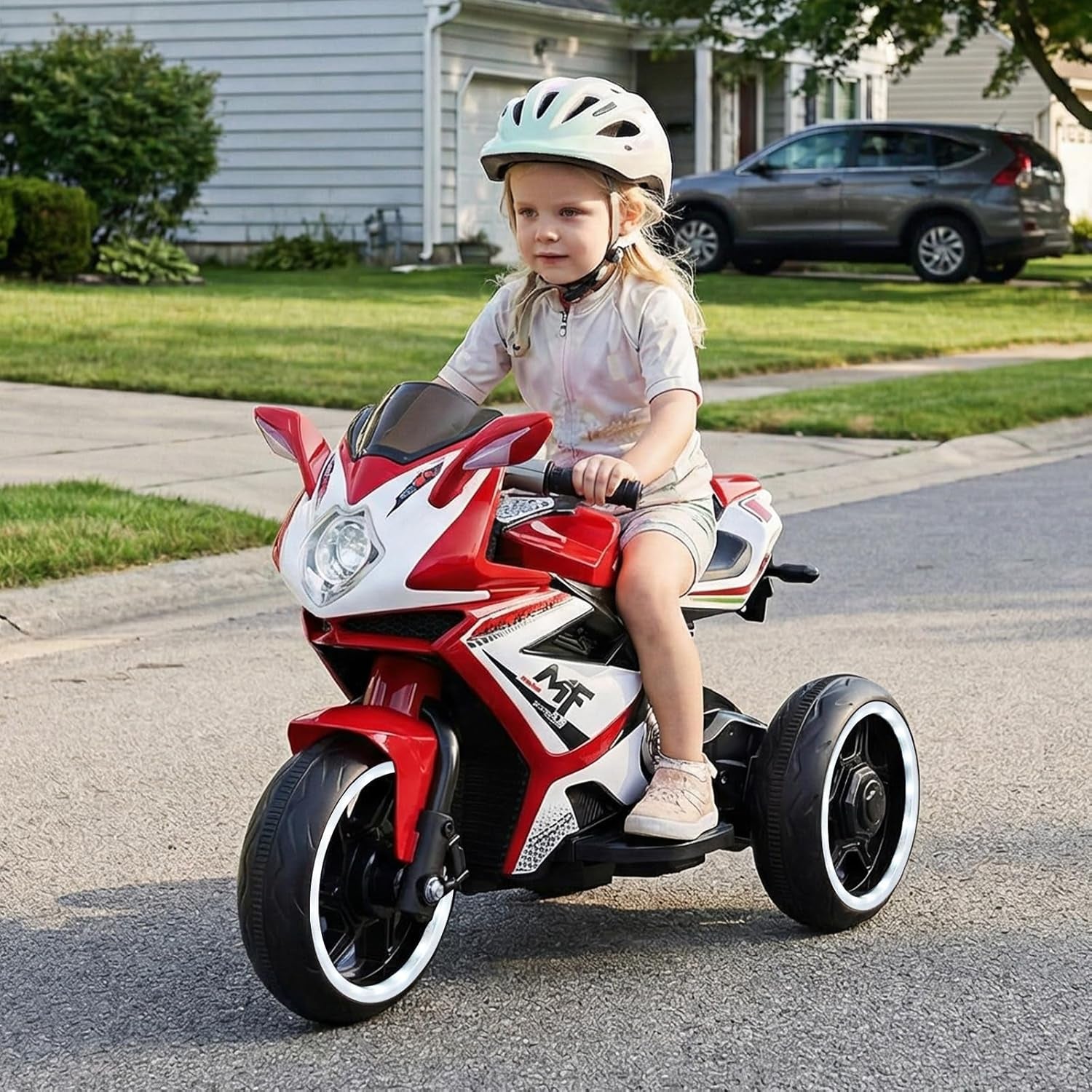 6V Kids Motorcycle with Forward & Reverse Switch, Headlight, Wheel Lights, Horn, Music, USB Port, 3-Wheel Ride on Toy for Toddler Aged 3+ (Red)