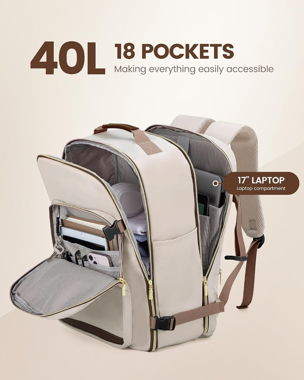 40L Travel Backpack Flight Approved Carry on Backpack,3 Packing Cubes,Waterproof Personal Item Travel Bag,Tsa Carry on Luggage Suitcase Travel Essentials,Gifts for Women & Men,Fits 17" Laptop