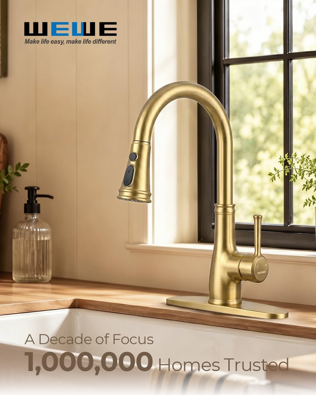 Vintage Kitchen Faucet, Pull-Down Sprayer, Brushed Gold, High Arc | 3 Modes Sprayer, 360 Swivel, Deck Plate, SUS304, Fits 1- or 3-Hole Sinks, 20-Inch Hose, Ceramic Cartridge, Lead-Free