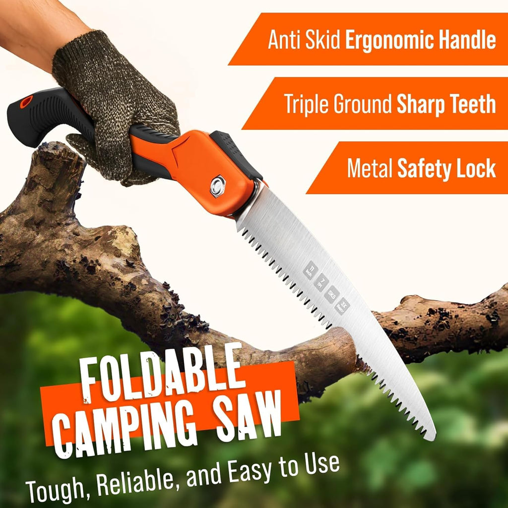Folding Camping Saw 11 Inch - Heavy Duty Pruning Saw with Triple-Cut SK5 Blade, 7 TPI Razor Teeth for Tree Trimming, Wood Cutting, Camping, Bushcraft, and Gardening