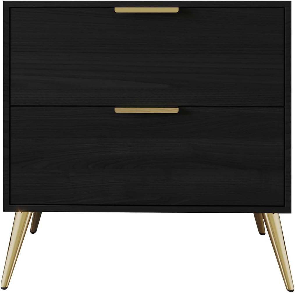 Modern Glam 2-Drawer Wooden Nightstand with Gold Metal Legs, Black