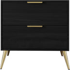 Modern Glam 2-Drawer Wooden Nightstand with Gold Metal Legs, Black