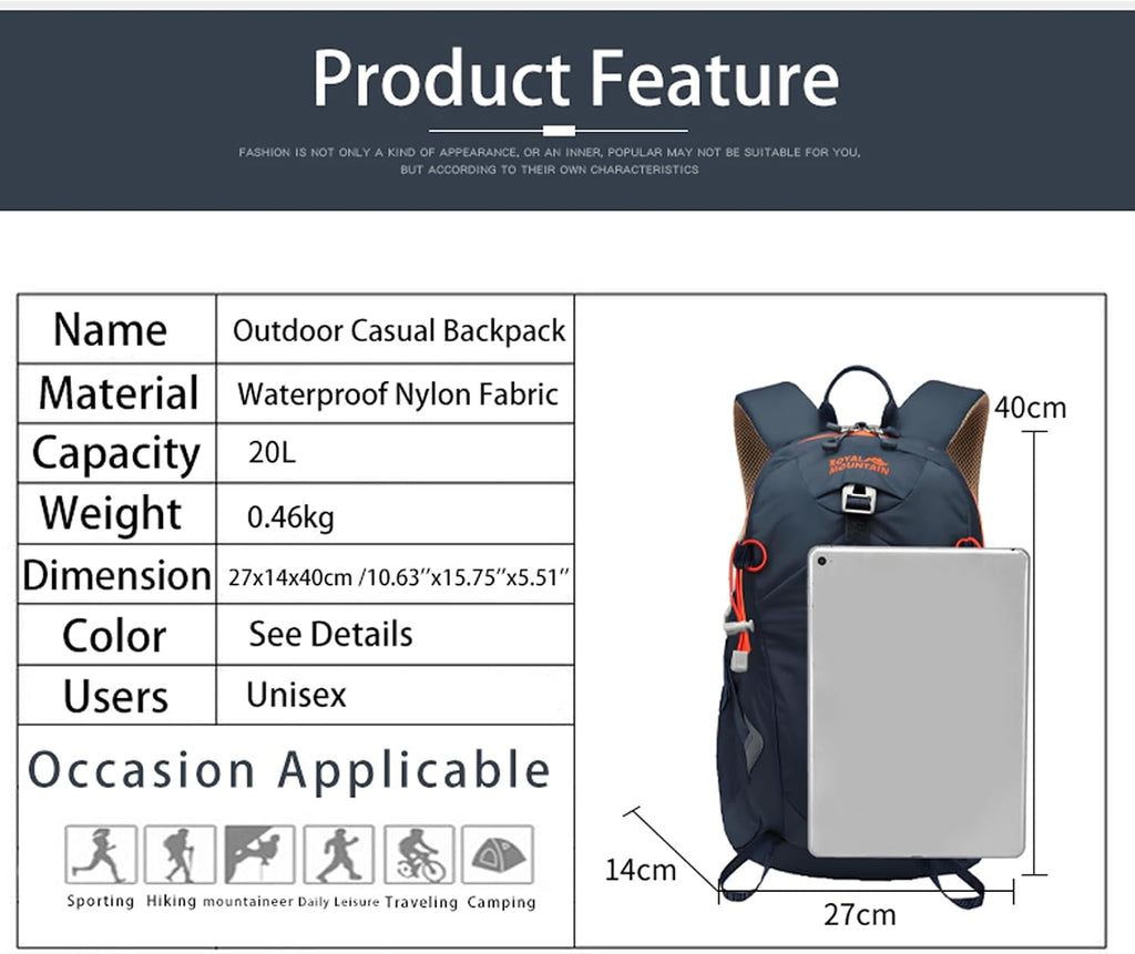Small Hiking Backpack, 20L Lightweight Travel Backpacks for Men Women, Water Resistant Outdoor Day Pack, Ultralight Camping Daypack Backpacks, Durable Hiking Backpack Fit for Camping.(With Rain-Cover)