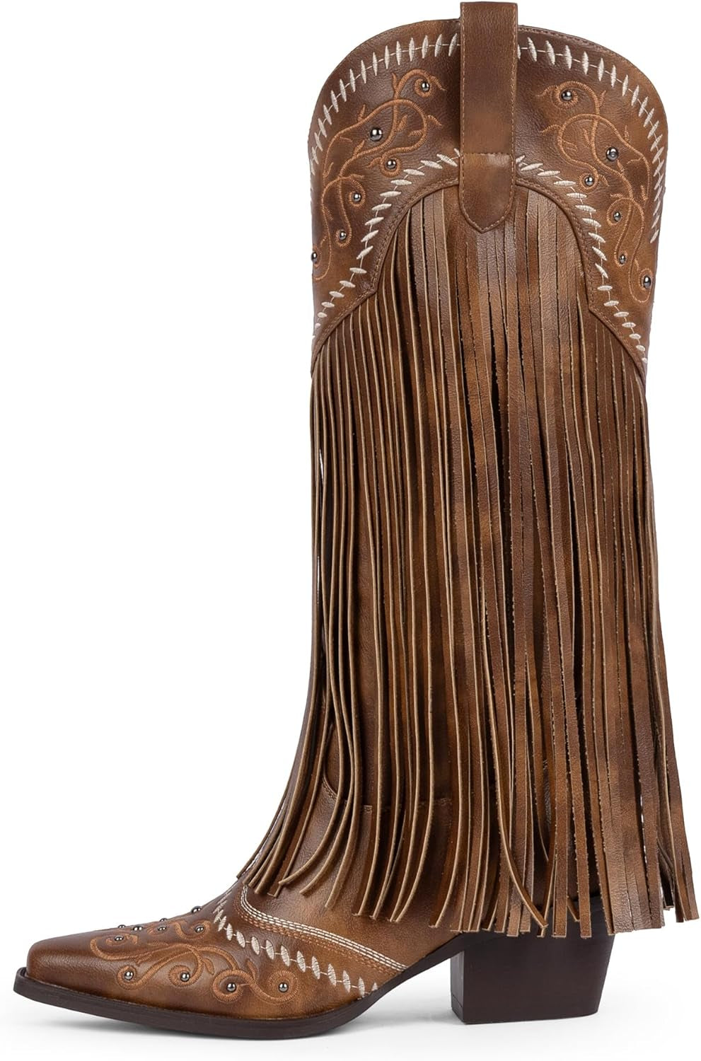 Fringe Cowboy Boots for Women Knee High Cowgirl Boots | Embroidered & Fringe Detail, Pointed Toe Mid Block Heel, All-Day Comfort, Fits Festivals, Parties, Weddings & All Occasions