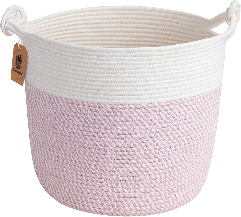 Woven Rope Blanket Basket Living Room, 40L, Pink | Small Laundry Basket for Organizing Baby Clothes, Blankets & Pillows, Great for Bedroom Nursery Home Décor, Pink