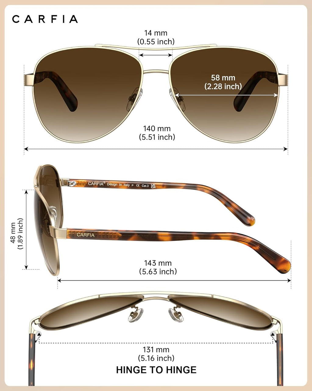 Polarized Sunglasses for Women UV400 Protection CA3216 | Handcrafted Acetate, Nickel-Free Metal Frame, Elegant Design, Shatterproof Lenses, Includes Leather Case, for Driving, Daily