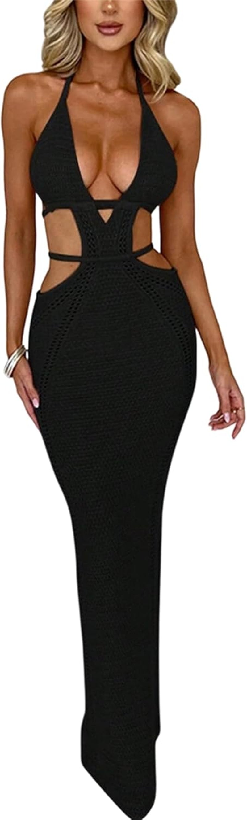 Women Sexy Crochet Maxi Dress Cut Out Halter V Neck Backless Knit Bodycon Long Dress Summer Beach Evening Party Dresses