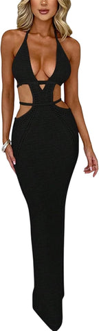 Women Sexy Crochet Maxi Dress Cut Out Halter V Neck Backless Knit Bodycon Long Dress Summer Beach Evening Party Dresses