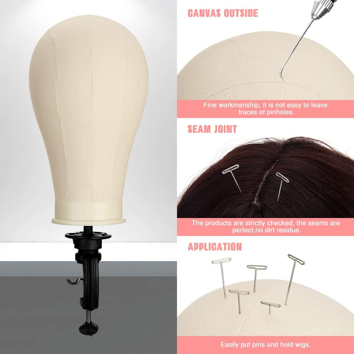 22 Inch Canvas Block Head Mannequin Wig Head, Wig Stand Tripod with Head, Mannequin Head Wig Display Styling Head, Manikin Block Head Set for Wigs Making Display with Wig Caps, T+C Pins Set&Brush