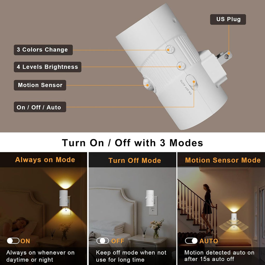 Motion Sensor Light Indoor, Night Lights Plug into Wall, Motion Sensor & Dusk to Dawn Sensor, 3 Light Modes, Dimmable Night Light for Bedroom Bathroom Hallway Kitchen Stairs (White, 2 Pack)