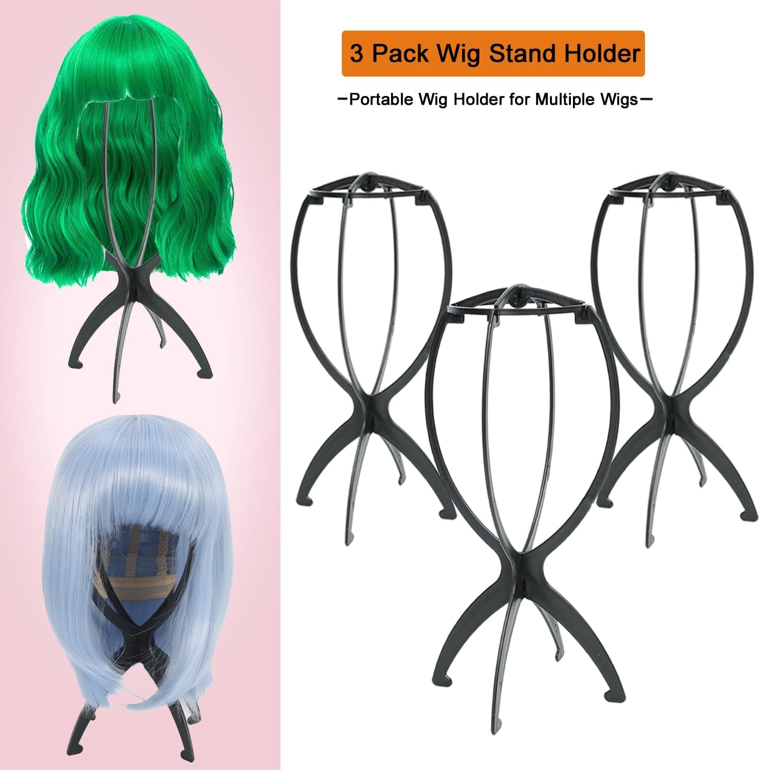 3 Pack Wig Stand Holder, Portable Collapsible Wig Holder for Multiple Wigs, Durable Wig Stands for Women Wig Drying Stand Travel Wig Holder Stand Wigs Display Stand Tool (Black)