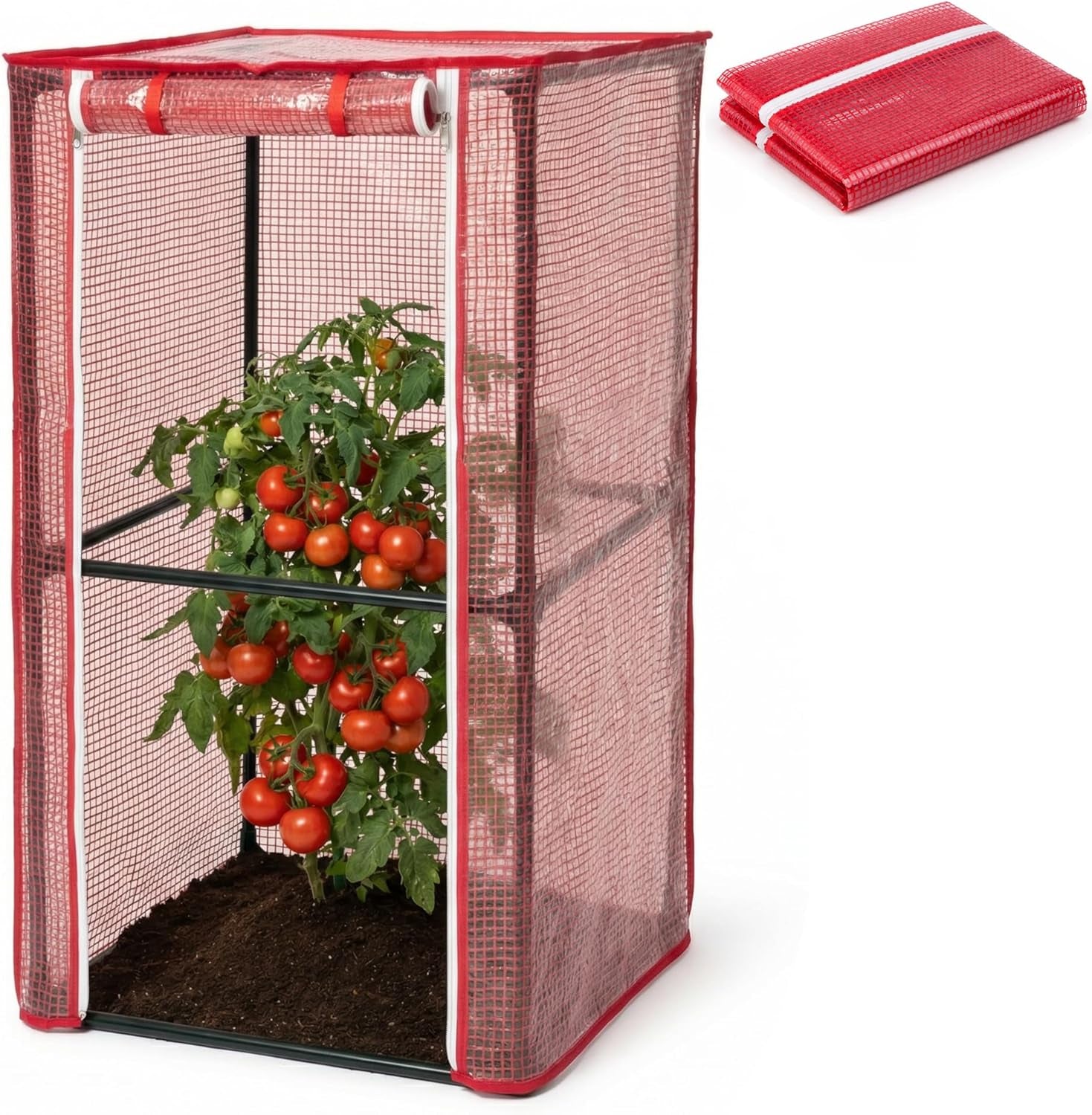 28.3" X 15.4" X 15.4" Tomato Cages Plant Greenhouse Cover, PE Tomatoes Red Greenhouse with Zipper Door, Tomato Trellis Plant Support Protector Cover for Garden Climbing Plants (NO Frame Included)