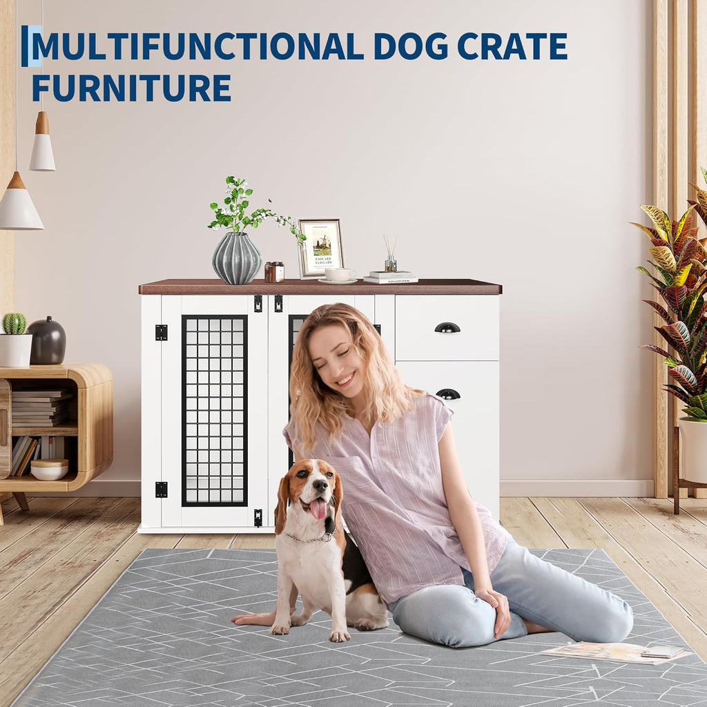 44 Inch Dog Crate Furniture, Large Dog Crate Furniture with Drawer Sand Side Cabinets, Wooden Dogs Kennel Indoor for Small Medium Large Dogs, White