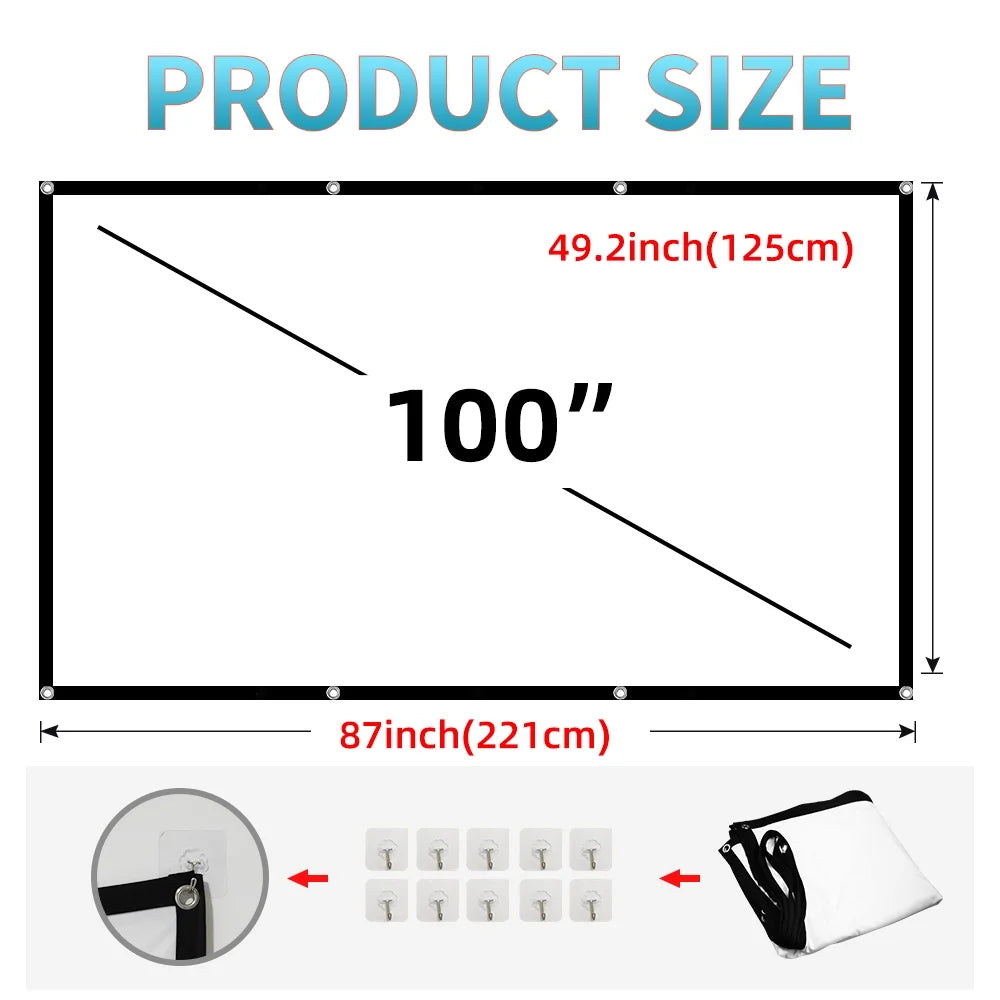 Projection Screen 100 Inch 16:9  Projector Screen Portable Outdoor Indoor Wrinkle-Free 4K HD Wall-Mounted Backyard Movie Night Camping Office Presentation (221X125Cm)