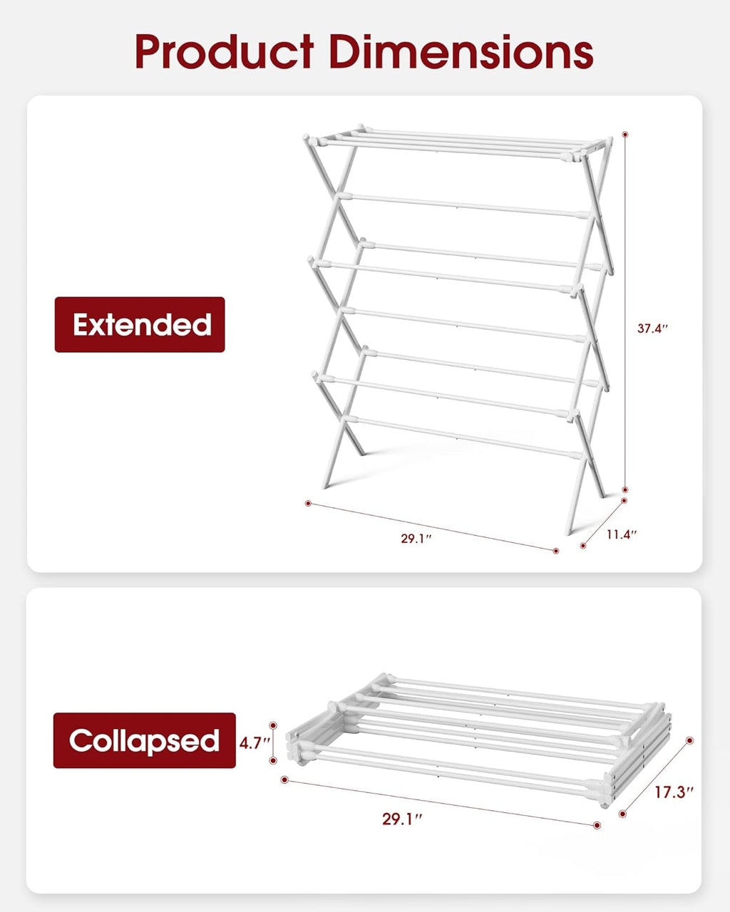 Foldable Clothes Drying Rack – Metal Laundry Drying Rack with Non-Slip Feet, 3-Tier Space-Saving Clothing Rack for Organization, Indoor & Outdoor Use, 11.4" D X 29.1" W X 37.4" H, White