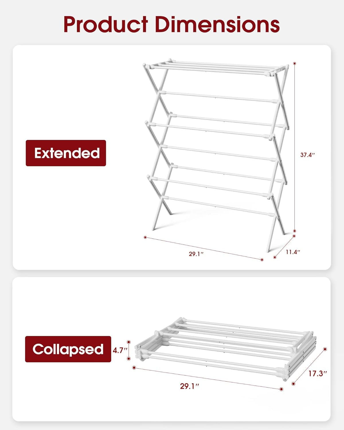 Foldable Clothes Drying Rack – Metal Laundry Drying Rack with Non-Slip Feet, 3-Tier Space-Saving Clothing Rack for Organization, Indoor & Outdoor Use, 11.4" D X 29.1" W X 37.4" H, White