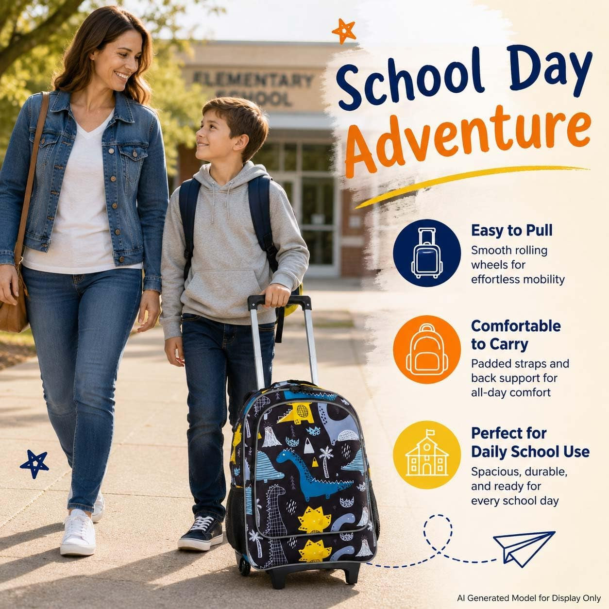 3PCS Rolling Backpack for Girls Boys, Kids Roller Wheels Bookbag, Wheeled School Bag with Lunch Bag