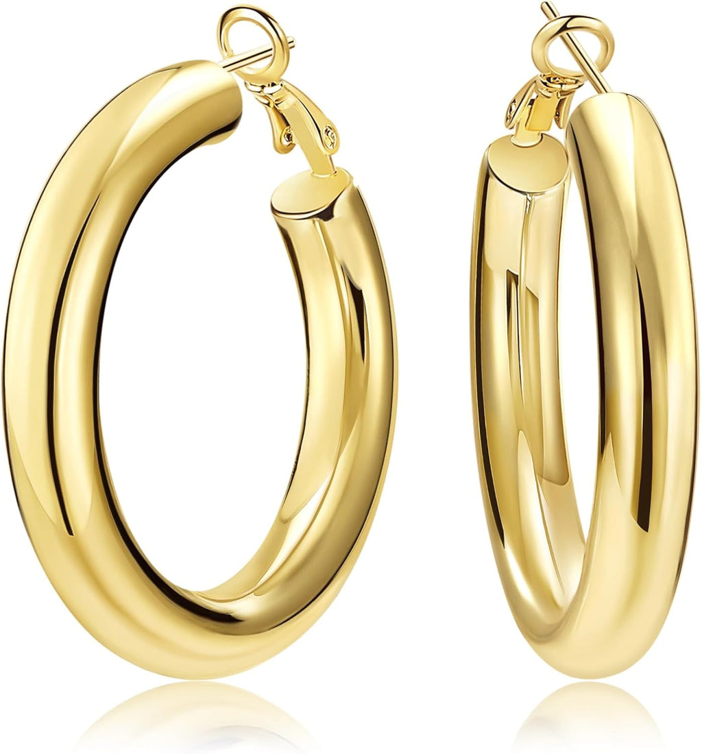 Chunky Gold Hoop Earrings - 14K Gold Plated Earrings for Women Hollow Tube Lightweight Thick Hoops 20/25/30/40Mm Valentines Graduation Mother'S Day Birthday Gifts