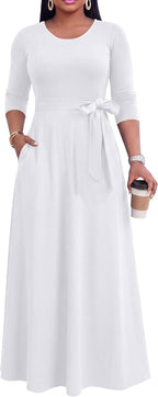 Maxi Long Dress Women, Church a Line Casual Empire Waist Dresses | Tea Party Date Funeral Work Dress, Flowy 3/4 Sleeve round Neck with Pockets, M-3Xl, Breathable Fabric