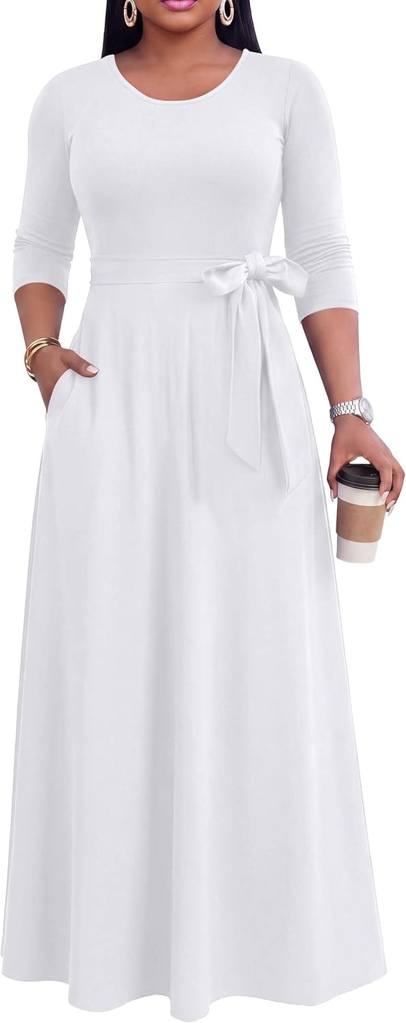 Maxi Long Dress Women, Church a Line Casual Empire Waist Dresses | Tea Party Date Funeral Work Dress, Flowy 3/4 Sleeve round Neck with Pockets, M-3Xl, Breathable Fabric