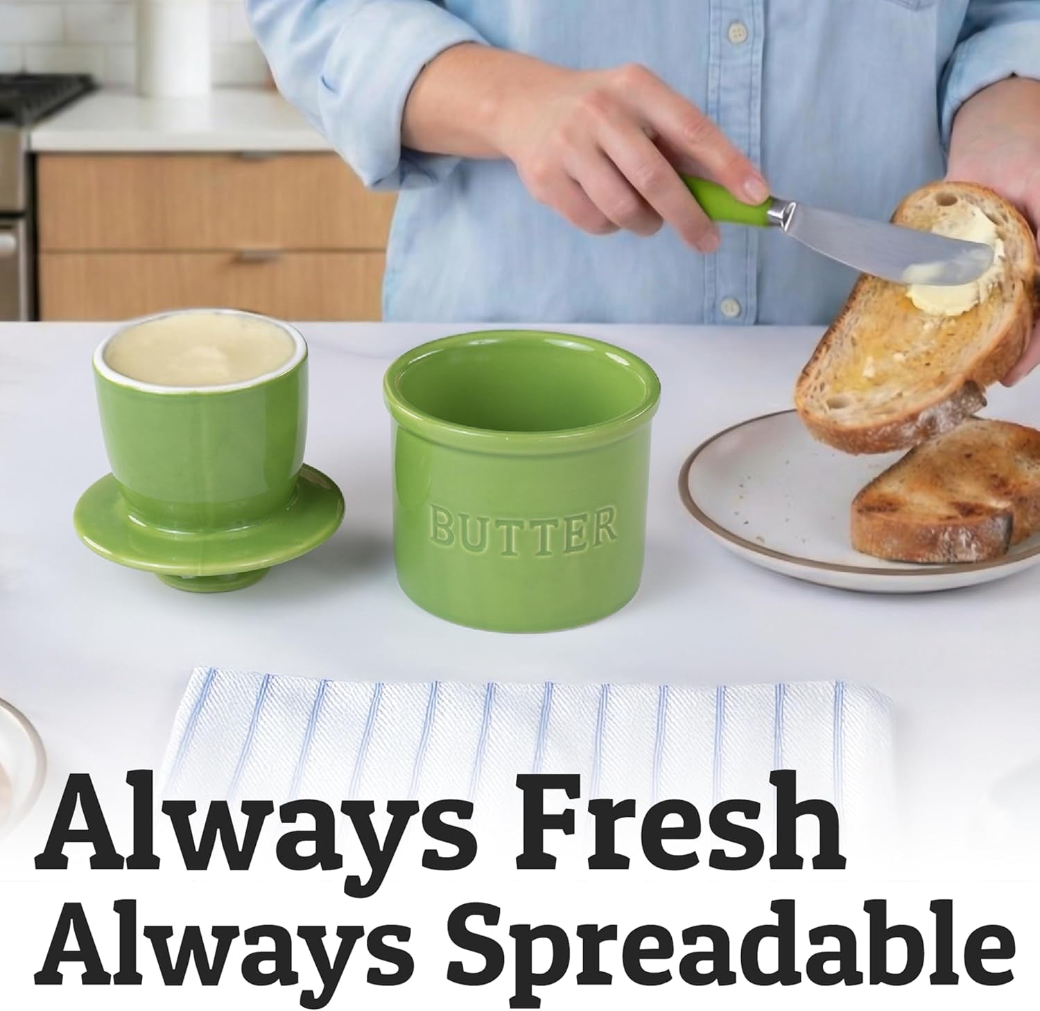 Butter Crock with Lid for Countertop with Spreader Knife and Water Line, Soft Spreadable Butter, Ceramic French Butter Dish with Lid, Green