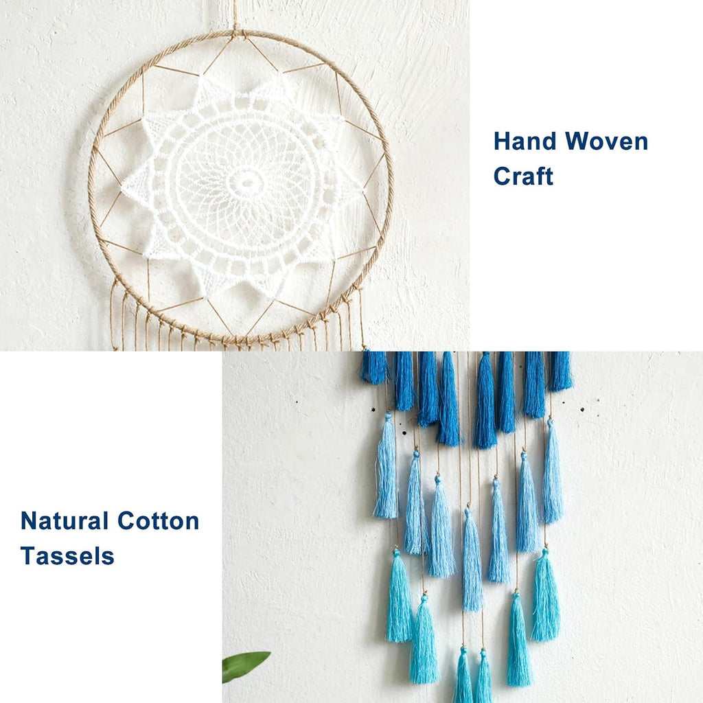 Macrame Dream Catcher Wall Hanging, Blue Large Boho Bedroom Decor | Handmade Tassel Feather Ornament, Natural Cotton, Modern Chic Living Room Nursery Art Decor, Blessing Gift for Women Girls