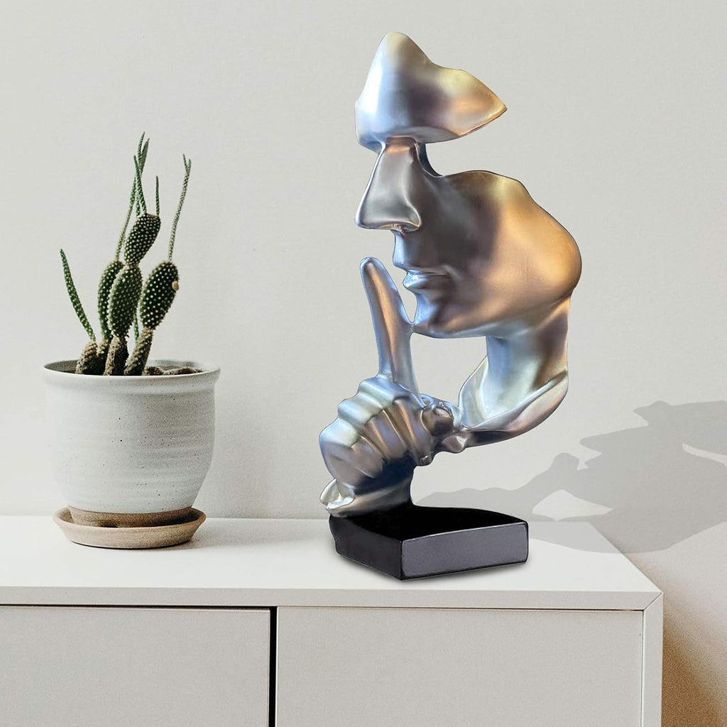Abstract Statues Silence Is Gold Decorative Objects (Silver) | Modern and Simple Resin Figurine,Desk Decoration for Office Home Piano Decor