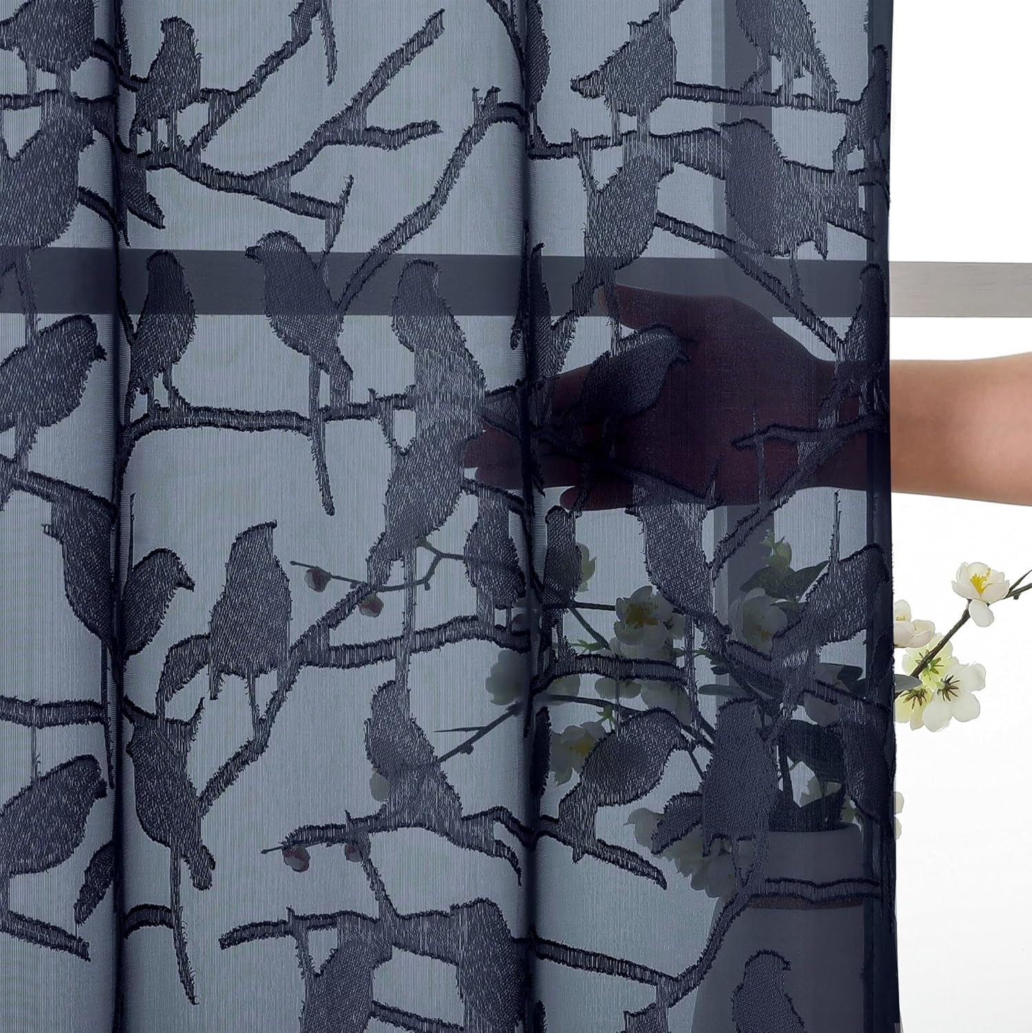 Textured Navy Blue Sheer Curtains 84 Inches Long 2 Panels Set, Light Filtering Leaf Bird Jacquard Voile Semi Sheer Curtains for Bedroom, Dual Rod Pocket Farmhouse Window Drapes, 2X38Wx84L Inches