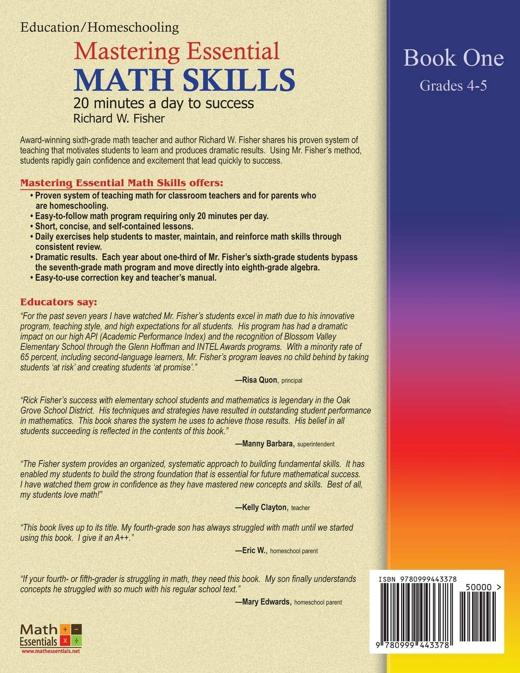 Mastering Essential Math Skills, Book 1: Grades 4 and 5, 3Rd Edition: 20 Minutes a Day to Success (Stepping Stones to Proficiency in Algebra)