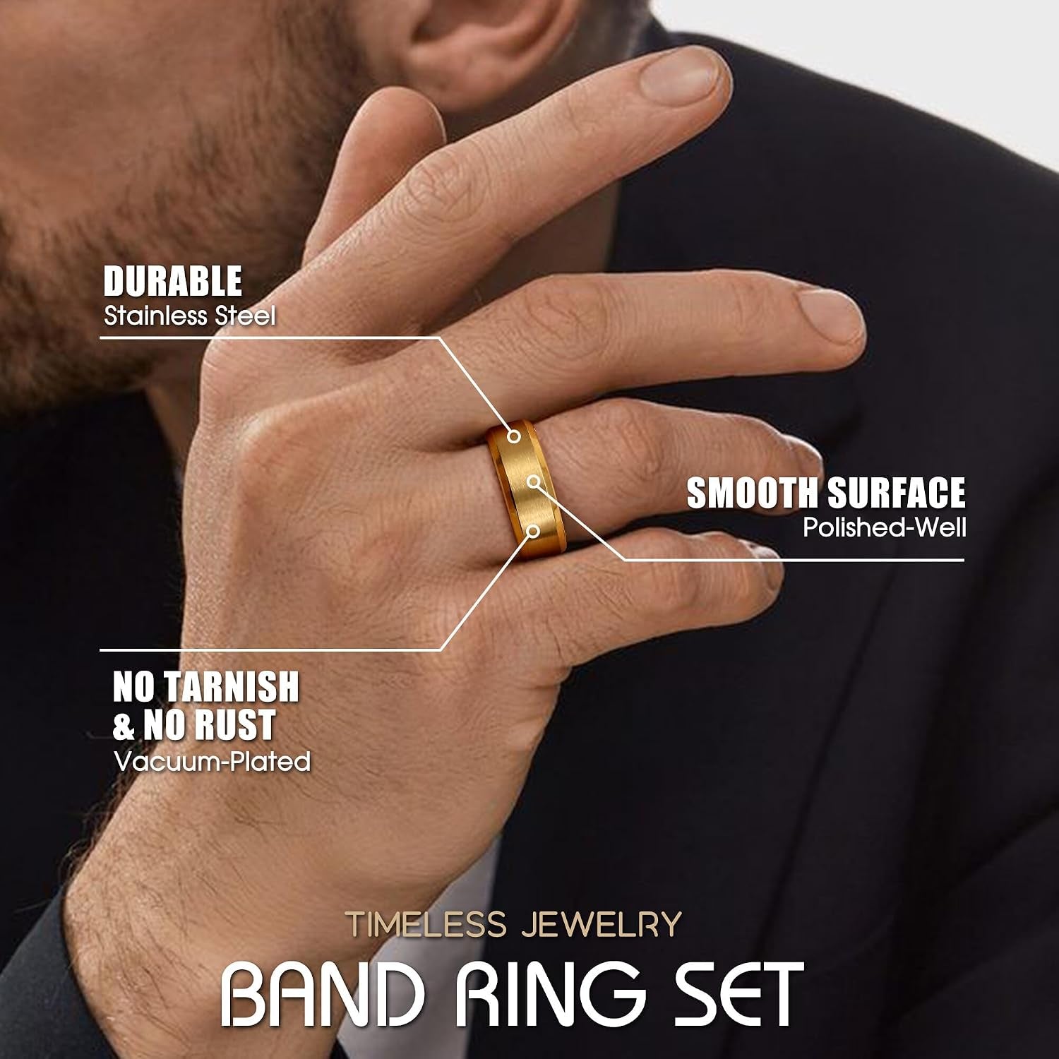 8MM Wedding Band for Men Stainless Steel Ring Band Size 6-14 | Matte Surface Beveled Polished Edge, Silver/Black/Gold Wedding Engagement Promise Ring Jewelry Gift Comfort Fit for Him