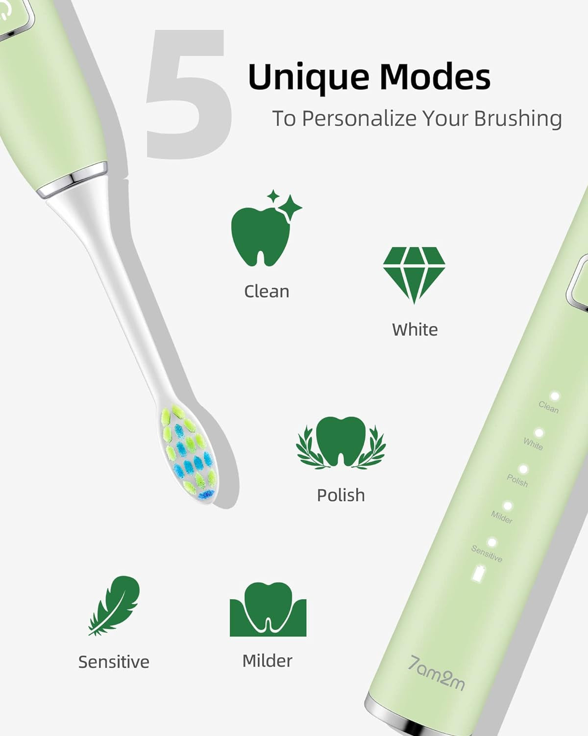 Sonic Electric Toothbrush with 6 Brush Heads for Kids and Children, One Charge for 90 Days, Wireless Fast Charge, 5 Modes with 2 Minutes Built in Smart Timer, Electric Toothbrushes(Green)