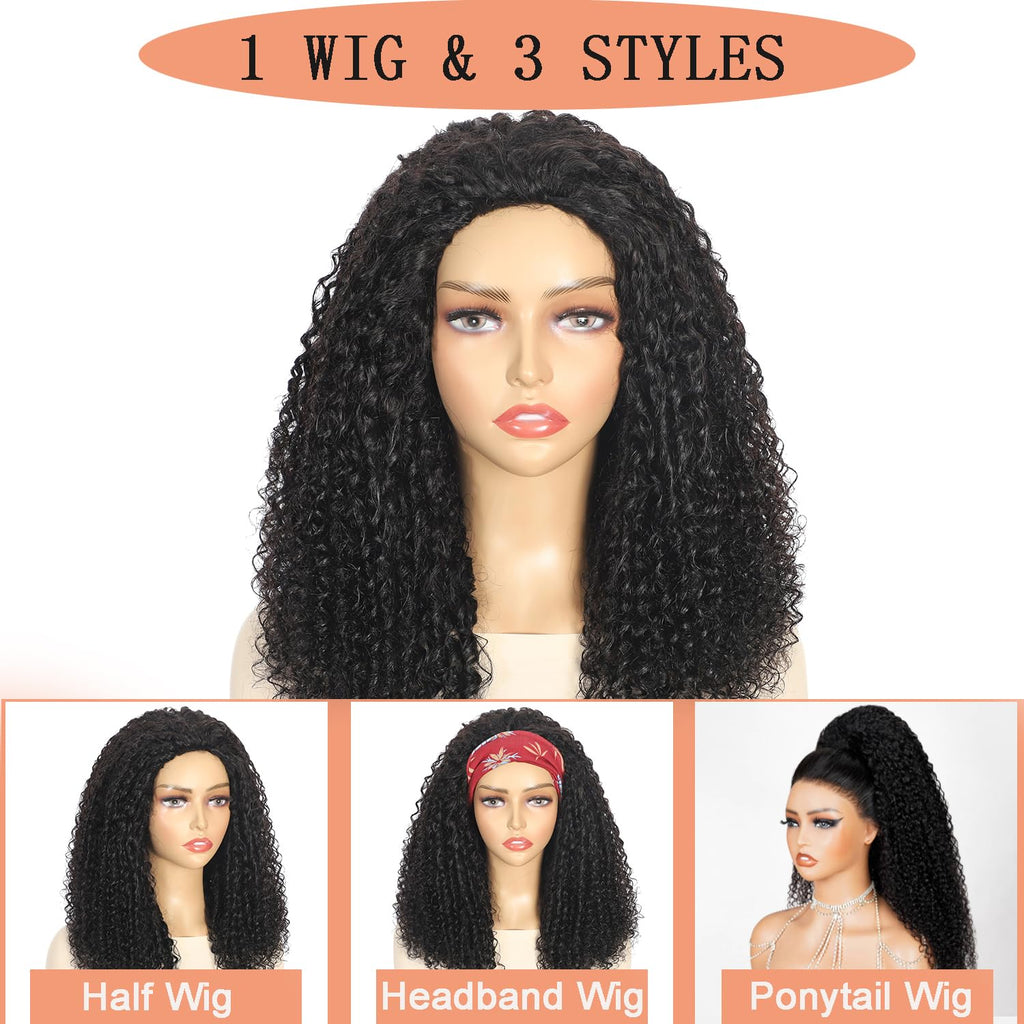 Half Wig Human Hair 3 in 1 Special Curly Half Wigs for Black Women 200% Density Wear and Go Glueless Wig Drawstring Ponytail Seamless Flip over No Lace Headband Wig Beginner Friendly 20 Inch