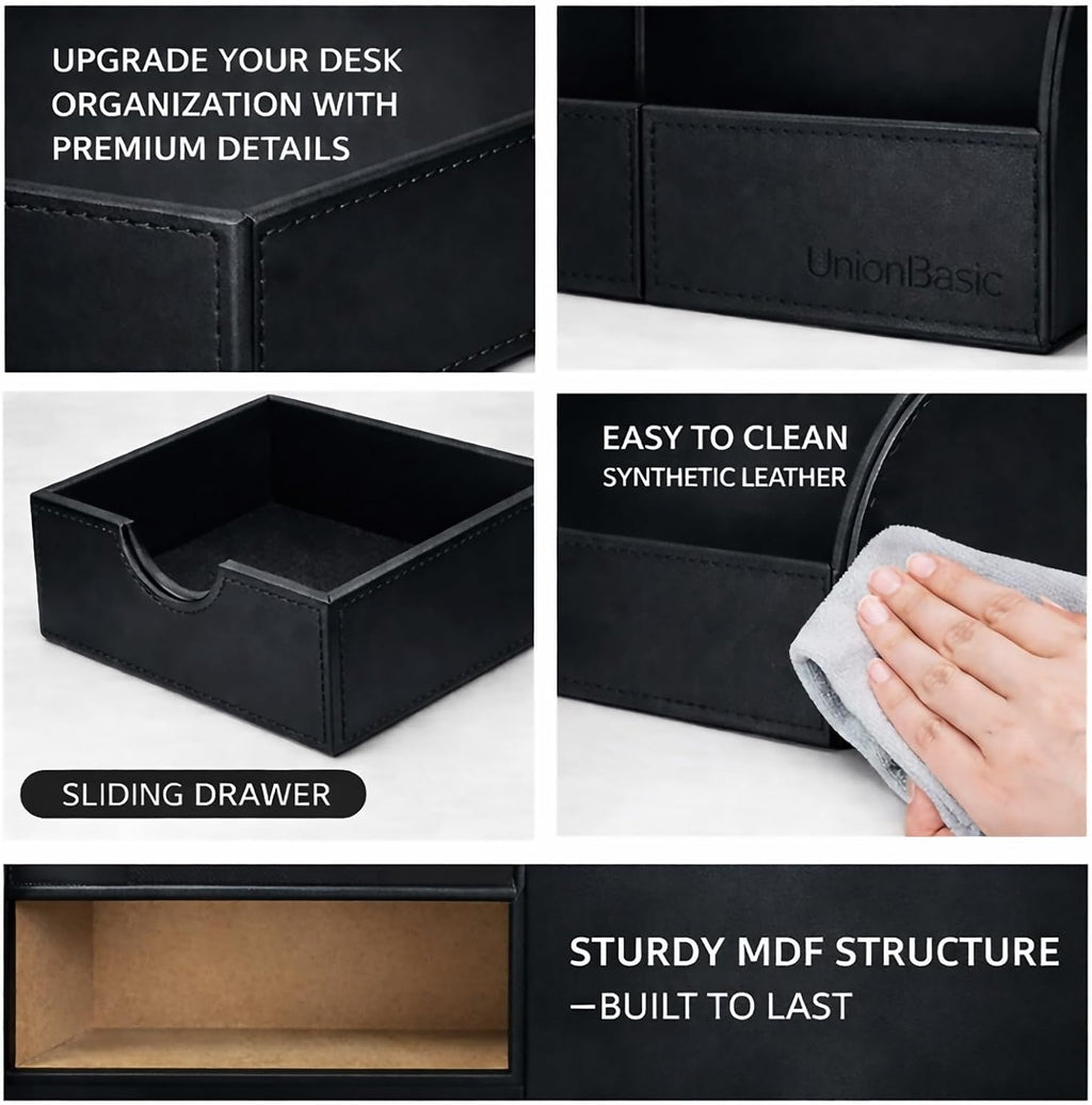 Desk Organizer - Multifunctional Leather Desktop Pen Holder Storage Box - Business Card/Pen/Pencil/Mobile Phone/Stationery Holder, Black