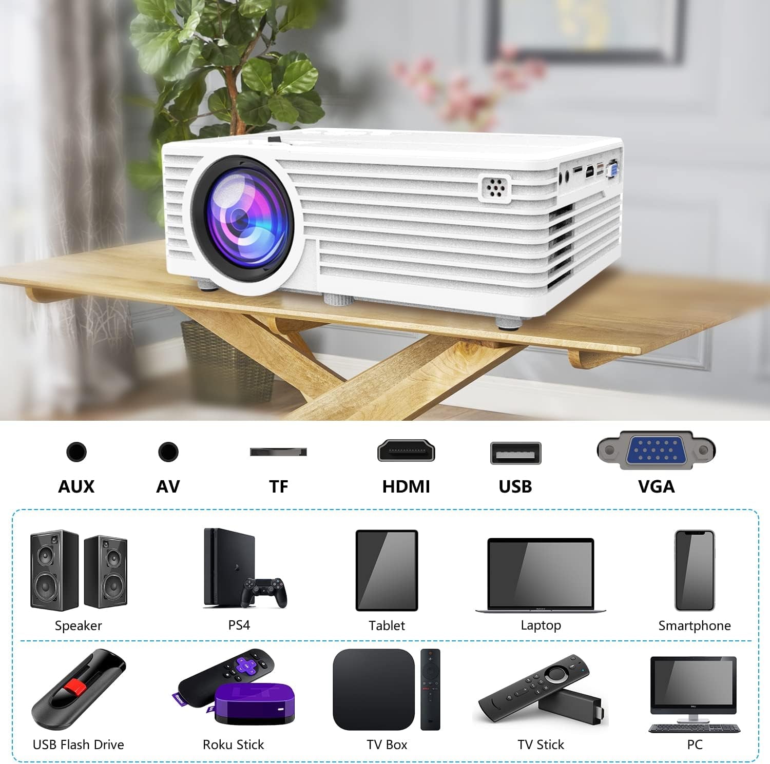 Mini Video Projector, 1080P Supported, Portable Outdoor Movie Projector, 176" Display Compatible with TV Stick, HDMI, USB, VGA, AV for Home Entertainment