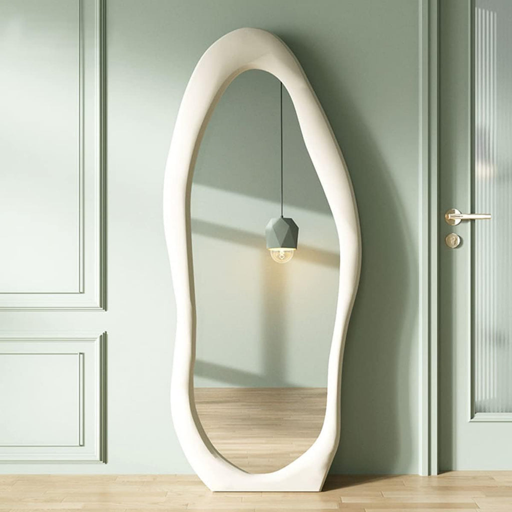 Irregular Wavy Full-Length Mirror, White Wooden Frame, 63"L X 24"W, Wall Mount, Shatterproof & Splash Proof for Bedroom, Living Room, Hallway