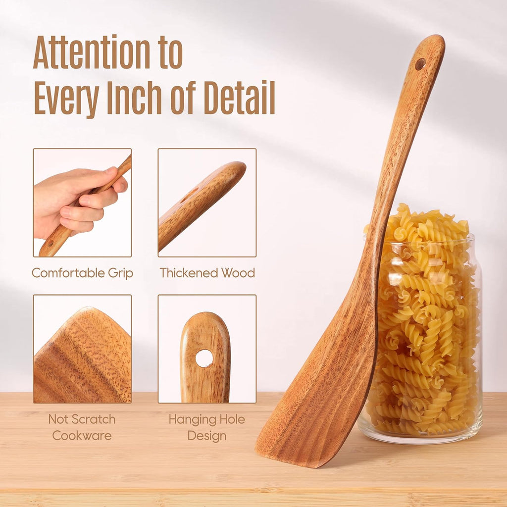 Wooden Cooking Utensils Set with Holder, 8 Pcs Teak Wood Kitchen Utensils for Nonstick Cookware, Wooden Spoons and Spatulas for Cooking, Farmhouse Kitchen Accessories