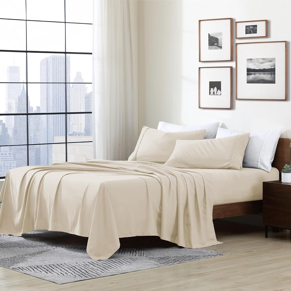 Essentials Ultra Soft Hypoallergenic Wrinkle Resistant Double Brushed Microfiber Bedding Sheet Set, Cream, Full