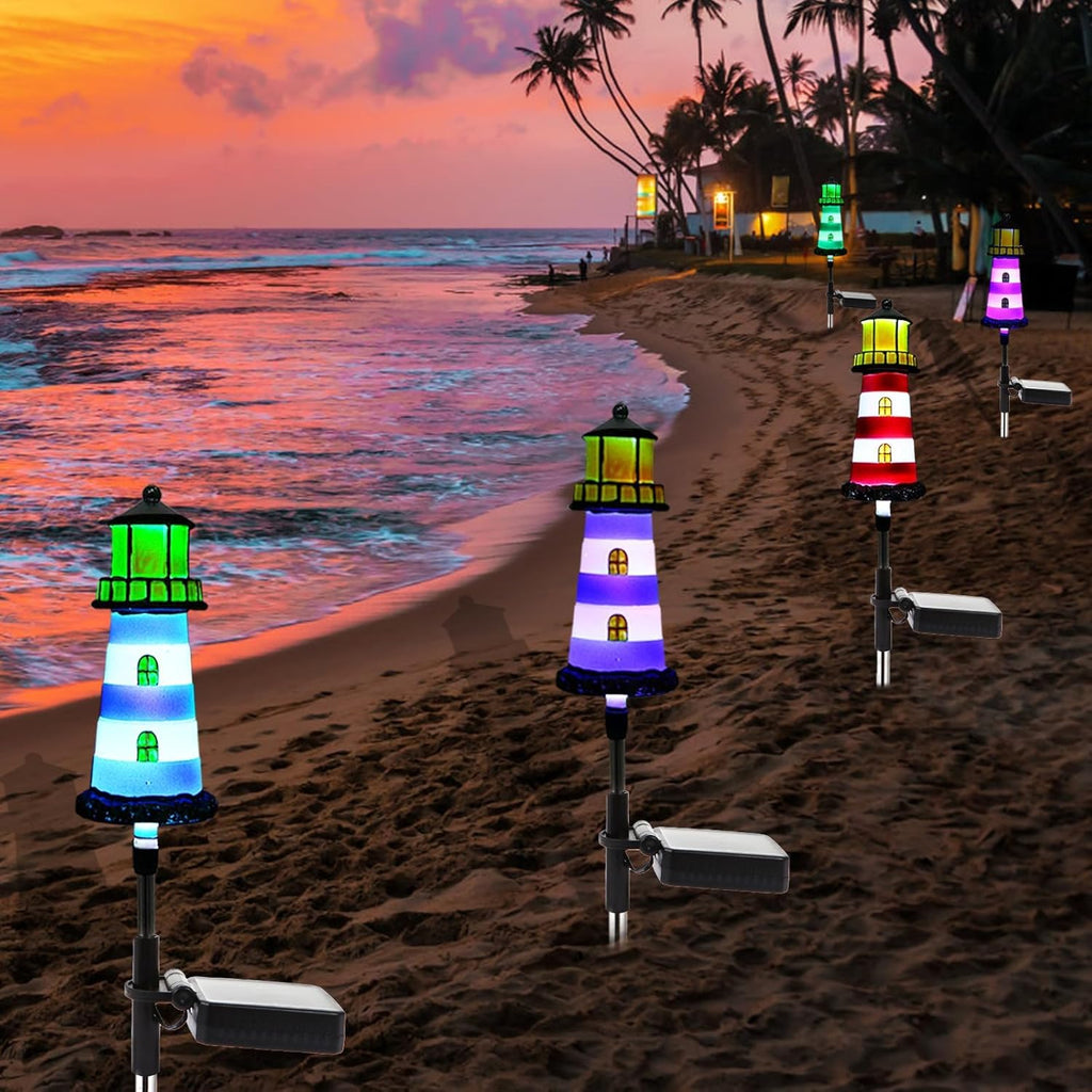 2 Pack Solar Lighthouse Lights, IP65 Waterproof Outdoor Pathway Stake Lights, Auto Dusk to Dawn Solar Powered Nautical Landscape Decor Lights for Lawn, Flower Bed, Patio, Walkway