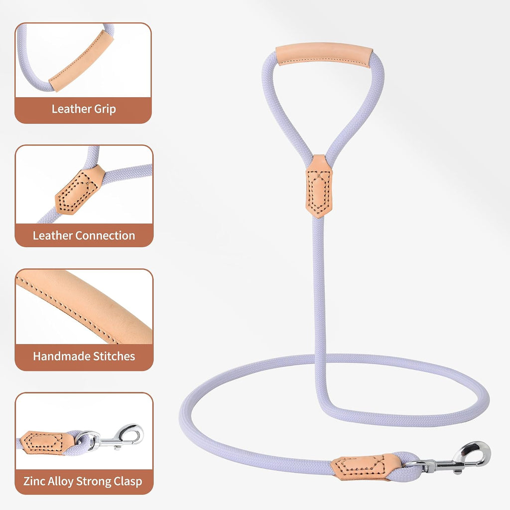 Dog Leash with Genuine Leather Connection/Handle, 4/5/6 FT | Rope Leash, Heavy Duty 360° Swivel Metal Clasp, for Small Medium & Large Dogs