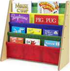Kids Bookshelf, 4-Tier Front-Facing Book Display Organizer, Montessori Toddler Bookcase for Playroom, Bedroom & Reading Corner, Natural Wood/Primary