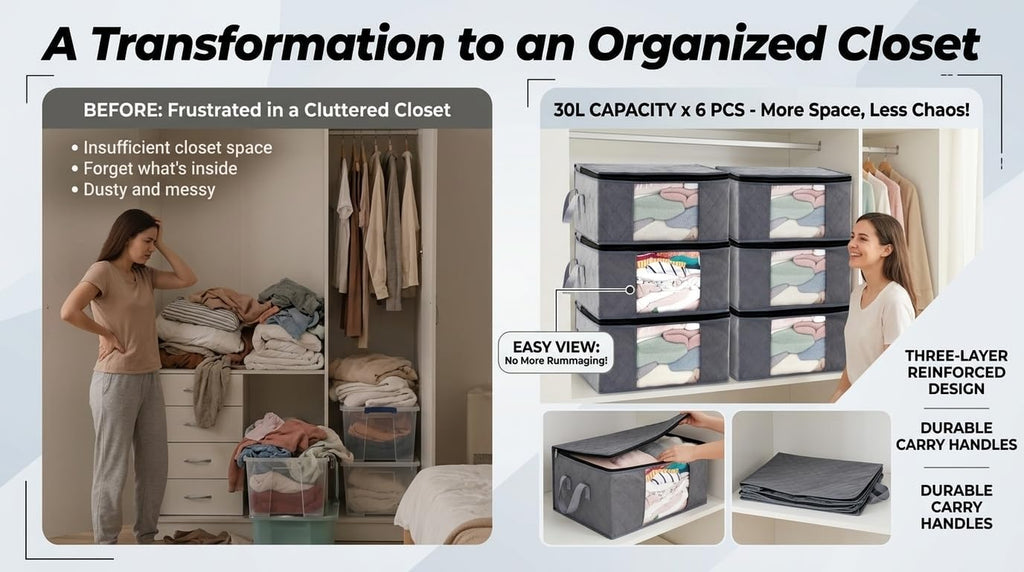 Storage Clothes Bins Closet Bags - 35L Containers Organizer Boxes Clothing Bin Organization for Organizing Blanket Pillow Sheet Sweater, Foldable Bedroom Small Storage Totes with Lids Zipper, 6Pc Pack