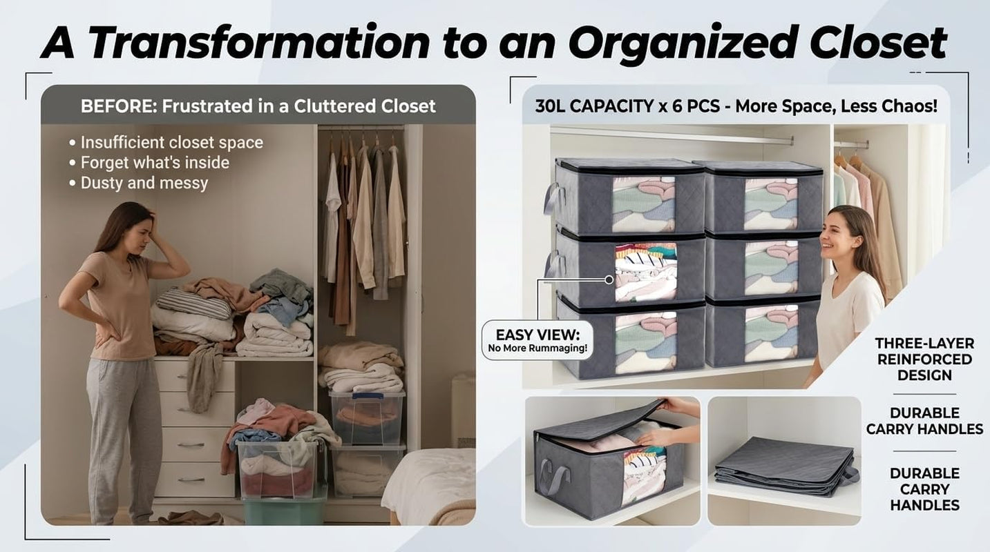 Storage Clothes Bins Closet Bags - 35L Containers Organizer Boxes Clothing Bin Organization for Organizing Blanket Pillow Sheet Sweater, Foldable Bedroom Small Storage Totes with Lids Zipper, 6Pc Pack