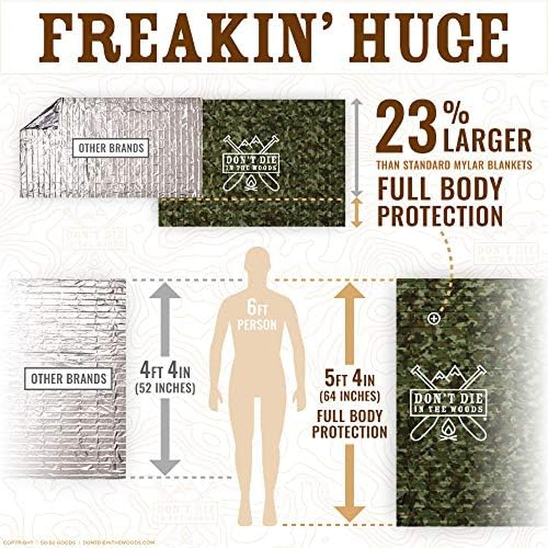 Don’T Die in the Woods – Freakin’ Huge Emergency Blankets [Camo] | Ultralight – Waterproof – Extra Large – Space Blanket Thermal Mylar for Hiking Camping Survival Gear First Aid Kit Essentials