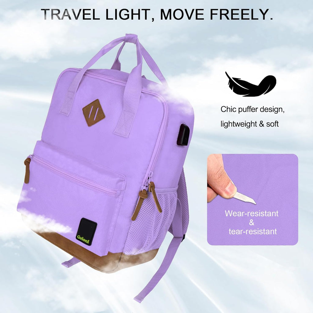 Small Carry on Travel Backpack with USB Charging Port, Lightweight Water Resistant Mini Carry-On Backpack for Men Women, Compact Personal Everyday Backpack,Purple