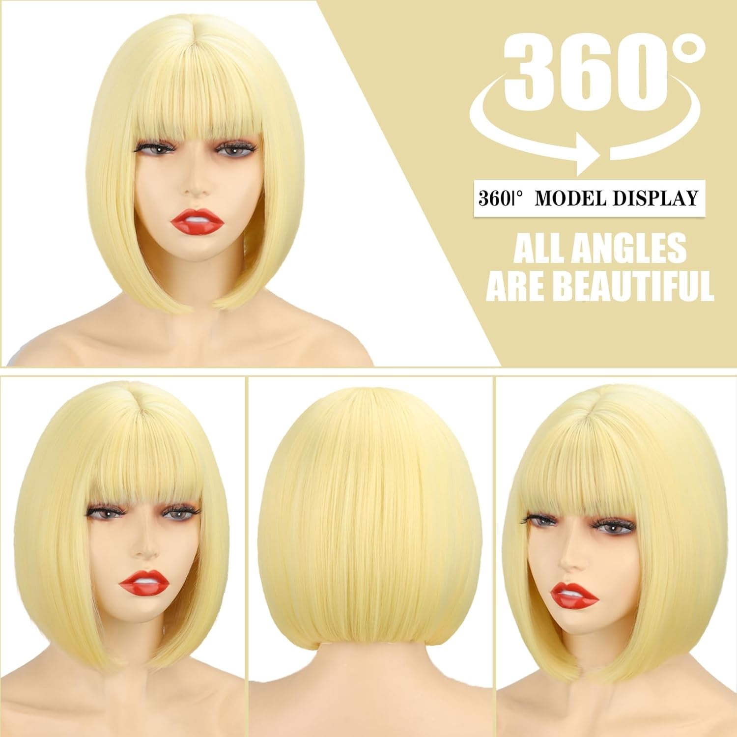 Blonde Bob Wig with Bangs，Straight Bob Wig Short Blonde Wigs for Women, Short Light Blond Synthetic Heat Resistant Colorful Wig for Cosplay Party Use