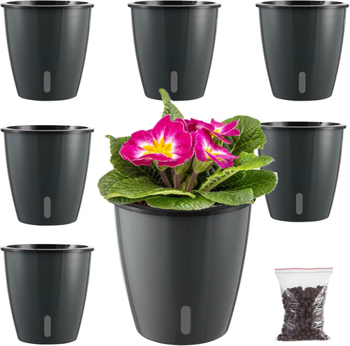 5 Inch Self Watering Pots for Indoor Plants, 6 Packs African Violet Pots with Indicator, Black Wick Pot with Drainage Holes, Self Watering Planters for Orchid, Devil'S Ivy, Grey
