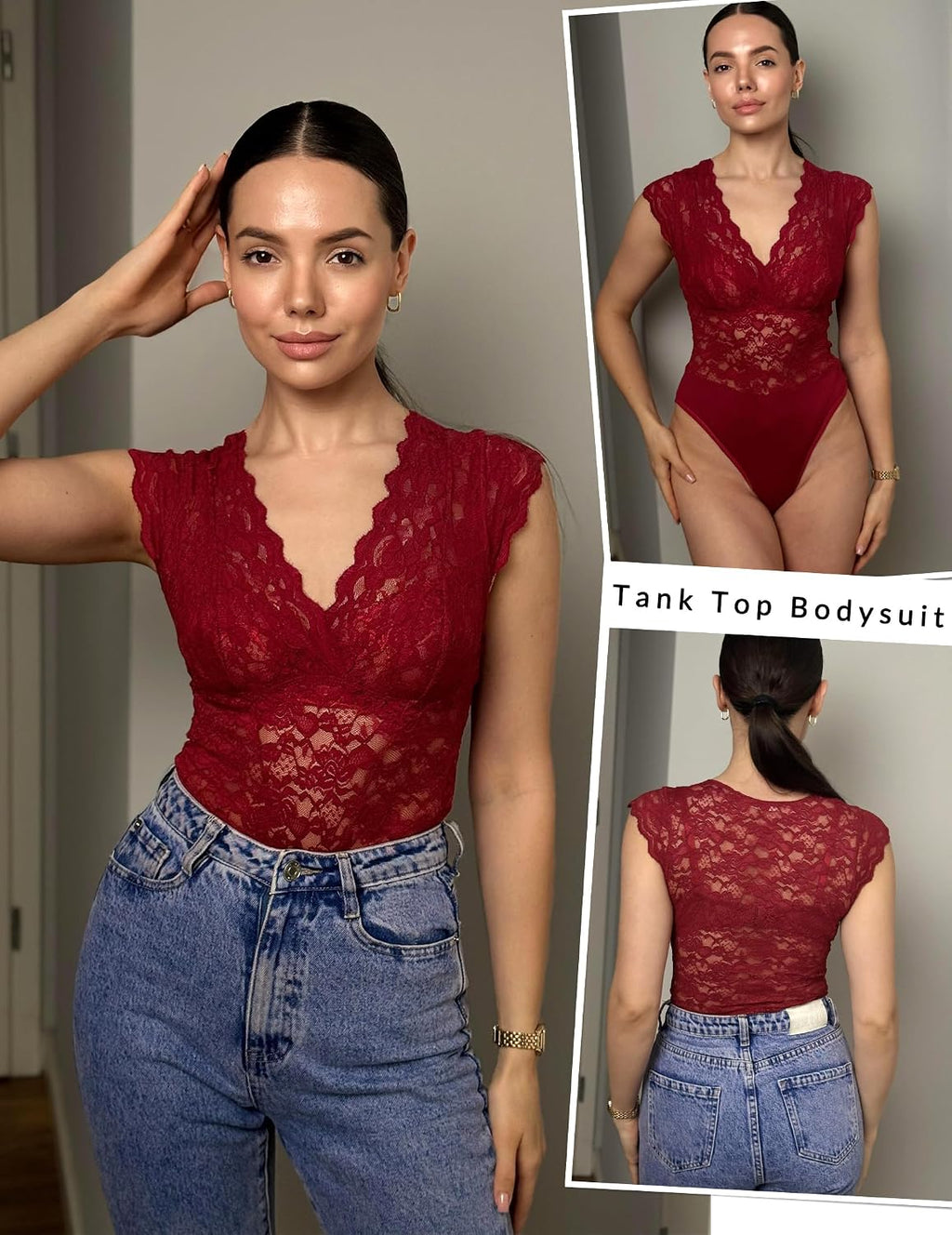 Lace Bodysuits for Women Sexy V Neck Sheer Bodysuit Tops Snap Crotch One Piece Teddy