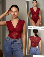 Lace Bodysuits for Women Sexy V Neck Sheer Bodysuit Tops Snap Crotch One Piece Teddy