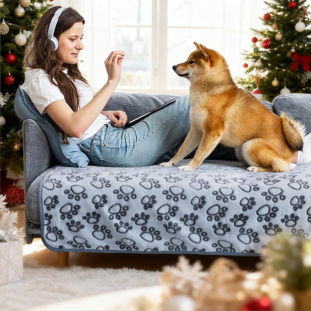 Premium Soft Dog Couch Blanket, with Flannel Cute Paw Print, 30 * 70 Inches, Cat Blanket Puppy Supplies Dog Products Stuff Essentials, Gray