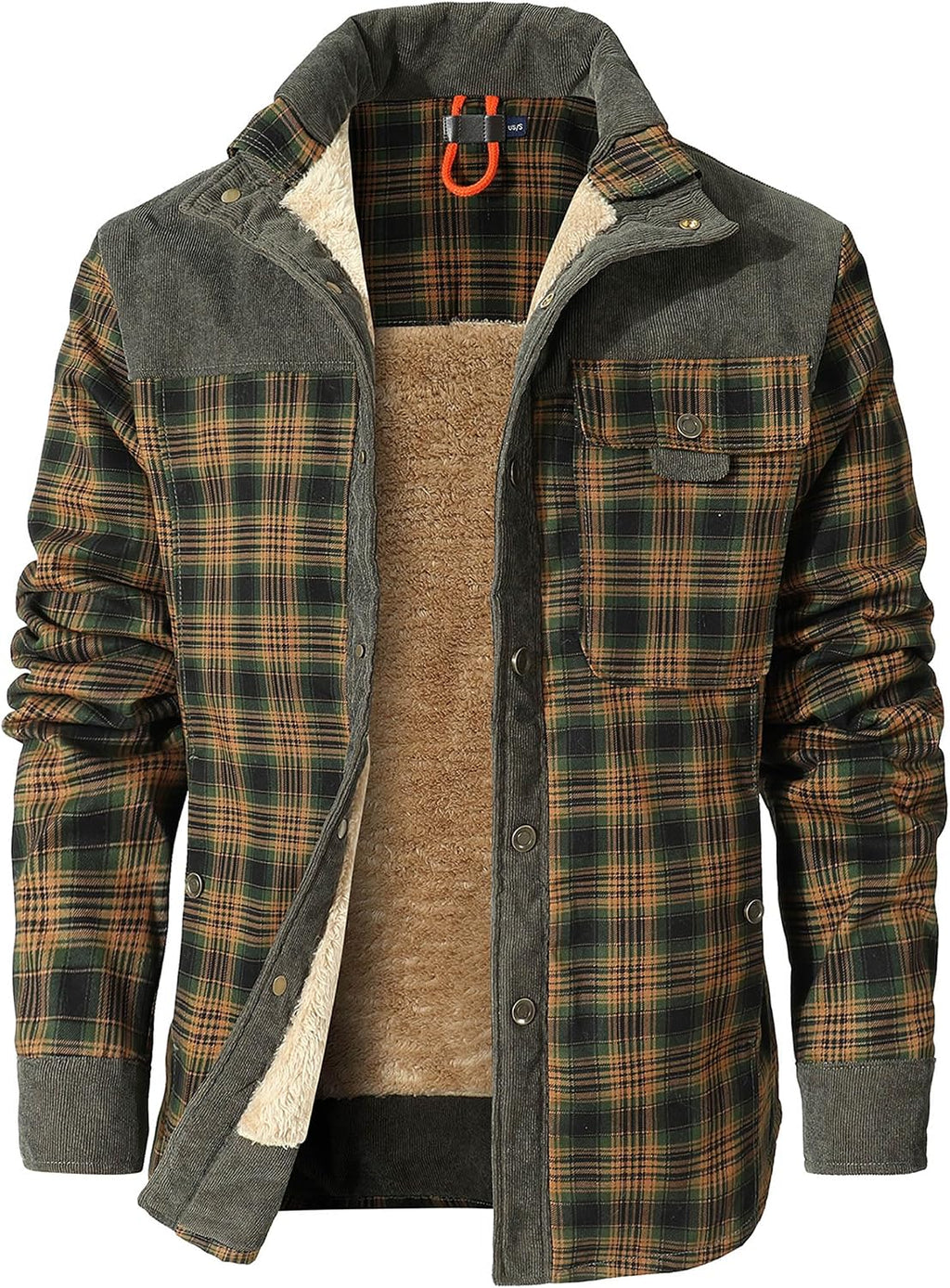 Men'S Sherpa Lined Flannel Corduroy Plaid Shirt Long Sleeve Button up Jacket Fleece Coat for Men with Pocket